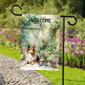 Bandiera da giardino personalizzata con Shetland Sheepdog, bandiera da giardino personalizzata con nome del cane Sheltie, regalo per mamma di cani, striscione di benvenuto primaverile ed estivo resistente alle intemperie