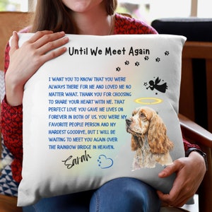 Può includere: Un cuscino bianco con un messaggio commemorativo per un animale domestico. Il messaggio dice "Until We Meet Again" e include una poesia sull'amore e la perdita di un animale domestico. Il cuscino presenta un'illustrazione ad acquerello di un cane Cocker Spaniel con un'aureola sopra la testa. Il nome "Sarah" è scritto nella parte inferiore del cuscino.