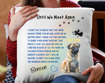 Almohada conmemorativa personalizada para perros carlinos, almohada con nombre personalizado para recordar a tu mascota carlino, regalo del puente del arcoíris para perros para ella, él, amigo, vecino