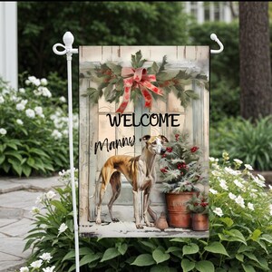 Greyhound Personalized Christmas Garden Flag, Custom Dog Name Yard Sign, Xmas Welcome Banner Gifts for Her, Fur Mom, Aunt, Sister, Neighbor