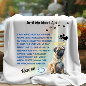 Cobertor memorial personalizado para cachorro pug, manta personalizada com nome de anjo para cachorro pug, presentes de condolências para perda de animal de estimação da Rainbow Bridge para ela, amiga, vizinha