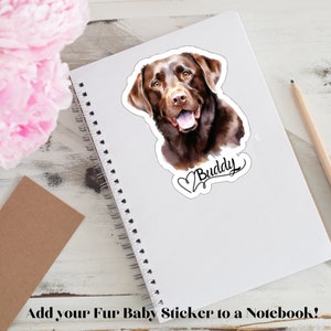 May include: A brown and white watercolor illustration of a Labrador Retriever dog with the name "Buddy" written in cursive with a heart symbol. The illustration is printed on a white sticker.