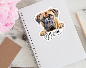 マスティフ犬の名前入りステッカー、ビニール製犬用デカール、覗き見するイングリッシュマスティフ犬ママへのギフト、車、ノートパソコン、タンブラー用のカスタム犬用ステッカー