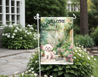 Bichon Frise Personalized Garden Flag, Custom Bichon Dog Name Yard Flag Gift, Dog Lover Mom Gifts, Spring Summer Welcome Weatherproof Banner