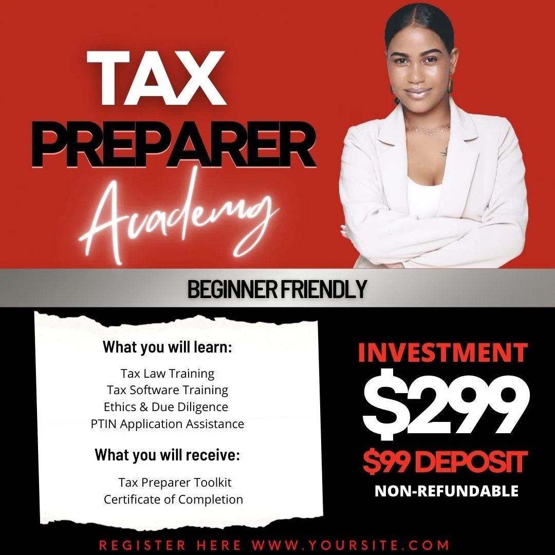 Tax Preparer Academy Flyer Tax Services Tax Preparer Tax Class DIY Editable Canva Template