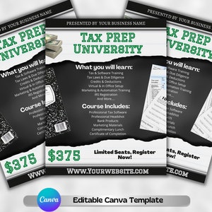 Tax University Flyer | Tax Services | Tax Preparer | Tax Class DIY Editable Canva Template | Social Media Flyer