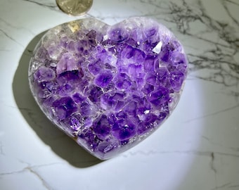 Kunglig lila ametist hjärtkluster, rå druzy kristallhjärtgeod, helande kristall heminredning, meditationspresent till henne