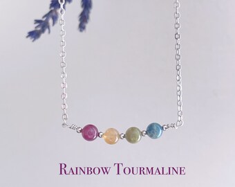 Handmade Rainbow Tourmaline Bead Bar Necklace: 18k Gold Filled