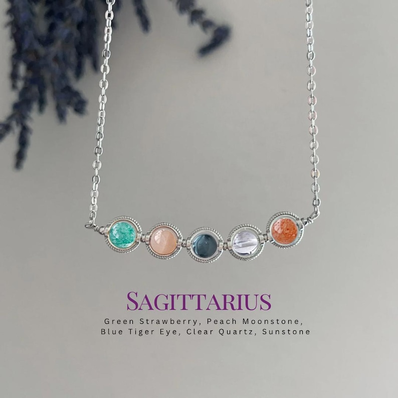 Sagittarius zodiac necklace with natural Sunstone, Blue Tiger Eye, and Green Strawberry quartz. Personalized crystal healing jewelry for women, astrology gift.