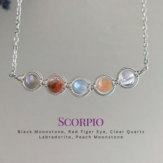 Scorpio Zodiac Necklace - Natural Labradorite & Red Tiger Eye Crystal Bar Jewelry - October November Birthstone Gift for Her - Handmade Gift