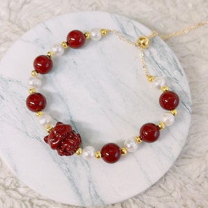Nine-Tailed Fox Cinnabar Bracelet: Handmade Pearl 14k Gold Plated