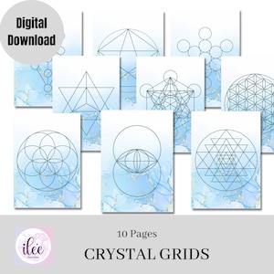 10 Classic Sacred Geometry Crystal Grid Wall Art Printable, Blue Background, Crystal Healing, Manifestation, Home Decor, Digital PDF