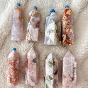 Cherry Blossom Agate Tower with Druzy Geode, Heart Geode, Flower Agate Crystal Point - Buy 3 Get 25 OFF plus Free Shipping - Healing Decor