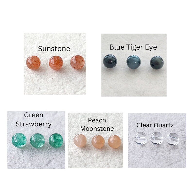 Detailed view of natural gemstones: Sunstone, Blue Tiger Eye, Green Strawberry Quartz, Peach Moonstone, and Clear Quartz beads for custom jewelry.