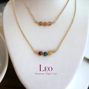 Leo Crystal 6mm Handmade Necklace, Zodiac Choker, Sunstone, Tiger&#39;s Eye, 18k gold filled Crystal Jewelry Gift, Birthday