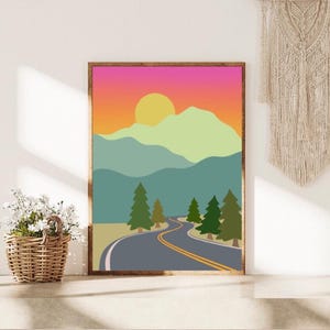 Mountain Road at Sunset Digital Art Print-Adventure Art Prints-Boho Home Decor-Hippie Artwork-Mountain Art Prints