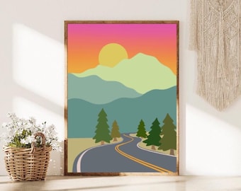 Mountain Road at Sunset Digital Art Print-Adventure Art Prints-Boho Home Decor-Hippie Artwork-Mountain Art Prints