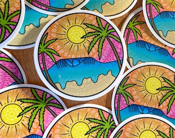 Wellenaufkleber mit Palmen - Strand Zentangle wasserdichter Aufkleber - Tropische Aufkleber - Inselaufkleber - Sommeraufkleber -