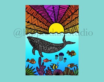 Whale Zentangle Waterproof Sticker - Under the Sea Sticker - Sea creature stickers