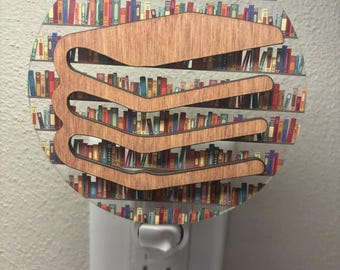 Book with Bookshelf Background Nightlight, Stained Wood Accent, Acrylic Night Lamp
