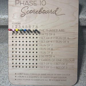Phase 10 Wooden Scoreboard, with 8 pegs