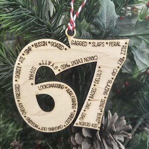 Op de afbeelding: Een houten kerstversiering in de vorm van het getal 67, met verschillende straattaal termen rondom de cijfers gegraveerd. De versiering hangt aan een rood-wit touwtje, tegen een achtergrond van dennentakken en dennenappels.