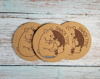 Snack Time coasters | 4" cork coaster | cute brown bear
