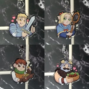 May include: Four acrylic keychains featuring cartoon characters. One keychain depicts a knight with a sword, another an elf with a staff, a third a character with coins, and the last a character with a bowl of food. Each keychain has a silver-colored keyring.