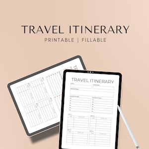 Può includere: Un modello di itinerario di viaggio stampabile sullo schermo di un tablet. Il modello include sezioni per la data, la destinazione, la durata, i luoghi da visitare, i luoghi dove mangiare e un itinerario giornaliero con sezioni per l'ora e la lista delle cose da fare.