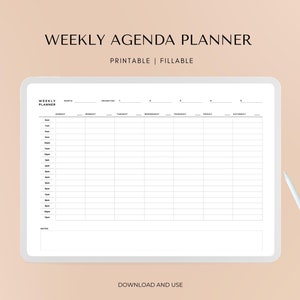 May include: A digital weekly agenda planner with a minimalist design. The white planner features a grid layout for scheduling appointments and tasks, with headings for each day of the week. A white stylus rests on the side. Text reads "WEEKLY AGENDA PLANNER" and "PRINTABLE | FILLABLE".