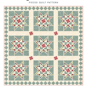 May include: A quilt pattern titled "Heritage Feathered Star" by Laundry Basket Quilts. The design features nine star blocks in shades of red, green, and gold on a cream background. The quilt size is 68" x 68".