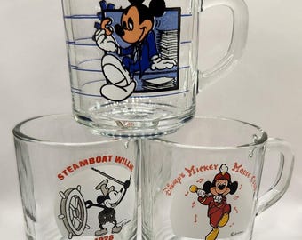 Vintage Anchor Hocking Mickey Mouse Glass Coffee Mugs