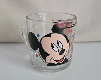 Taza de café de cristal vintage de Mickey y Minnie Mouse de Anchor Hocking
