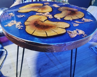 Wood slice, Copper, and Blue resin Coffee Table, side table