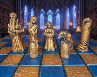 May include: A golden chess set with intricately detailed pieces, including figures of a king, queen, and other characters. The chess pieces are arranged on a blue and gold checkered board, set against a blurred background of a cathedral.