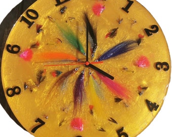 Large wall clock, battery operated, depicting Fishing Flies on a gold background