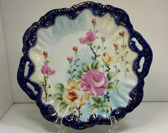 Vintage Japanese Hand-Painted Floral Plate with Cobalt Blue and Gold Trim