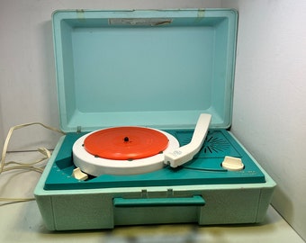 Rare 1970s GE Child's Portable Record Player - Robin's Egg Blue, with "Rock Flowers" Record