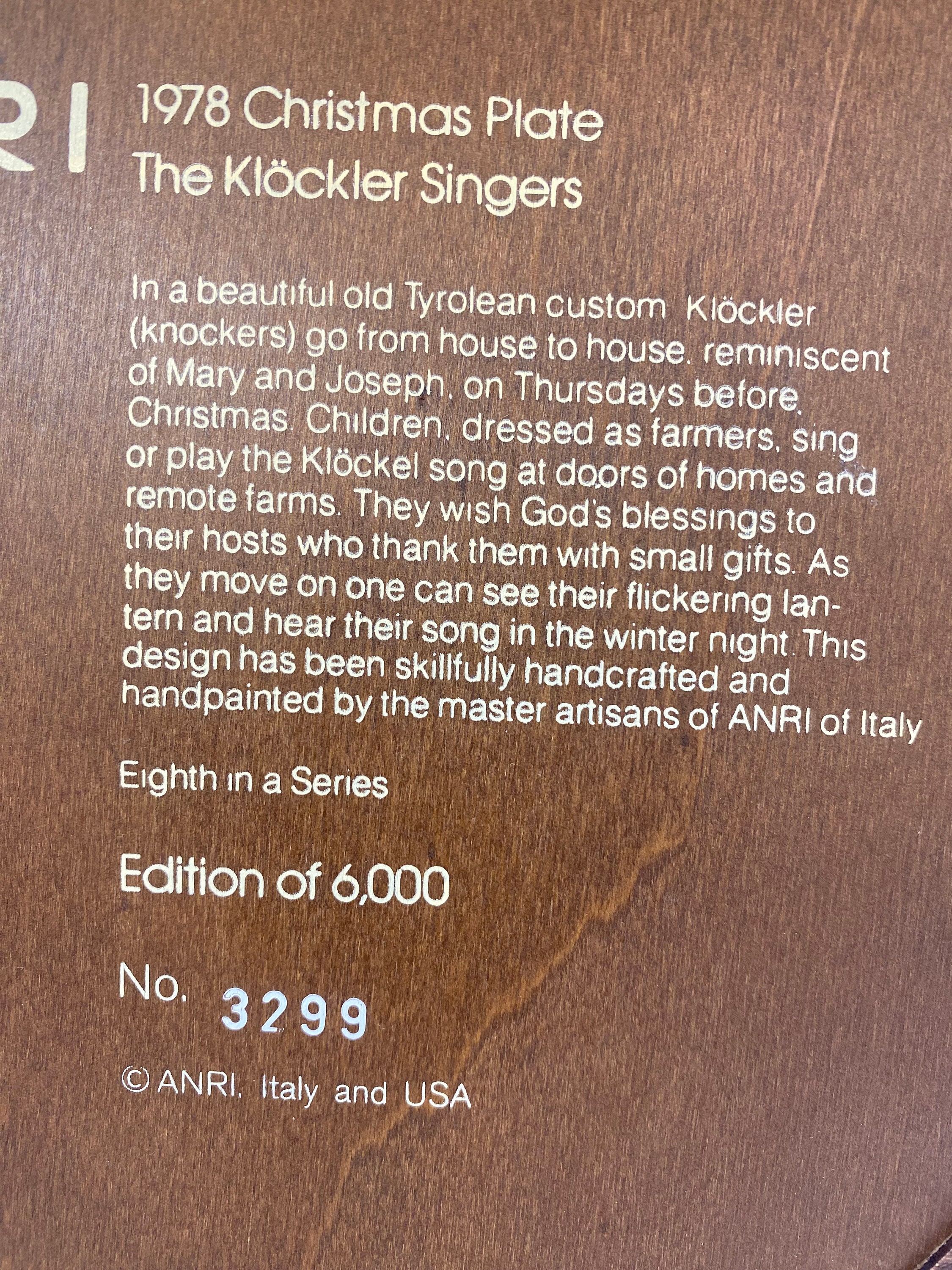 Anri 1978 Christmas Plate, Klockler Singers, Limited Edition 3299