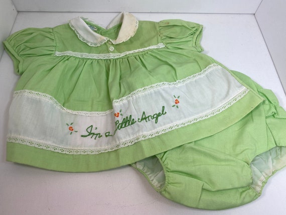 1970s "I'm a Little Angel" Sage Green Dress & Pan… - image 1