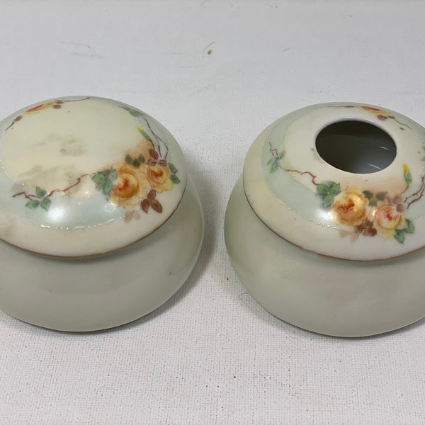 Vintage Bavarian Hand-Painted Vanity Set - 1950s Hair Receiver & Powder Pot