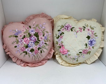 Romantic Ribbon Embroidery Heart Pillows - Vintage Floral Set