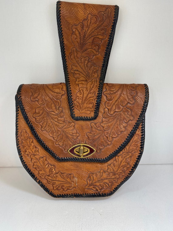 Retro 1970s Hand-Tooled Leather Forearm Bag - Vint