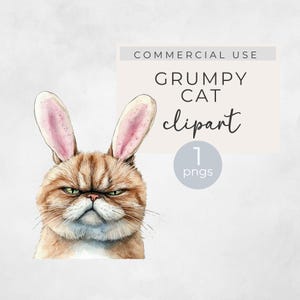 Clipart chat grincheux lapin de Pâques, clipart aquarelle chat drôle, png transparent, clipart à usage commercial, clipart unique, amoureux des chats png
