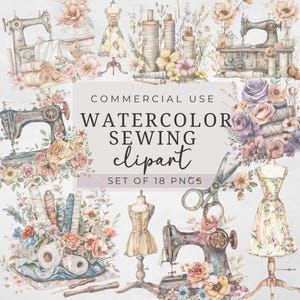 Watercolor sewing junk journal clipart, sewing ephemera pack, vintage antique cottage core muted flowers png , clipart for junk journal kits