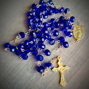 Stunning Vibrant Cobalt Blue and Yellow Gold-tone Catholic Rosary Prayer Beads, Faceted Glass, Crucifix- Handmade