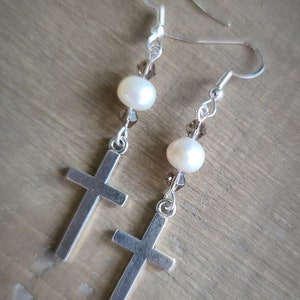 Freshwater Pearl & Cross Dangle Earrings with Faceted Smokey Quartz Glass Beads - Catholic Religious Silver-tone Rosary Cross - Handmade