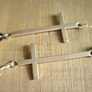 Black Onyx & Cross Dangle Earrings - Christian Catholic Religious Silver-tone Rosary Cross - Handmade