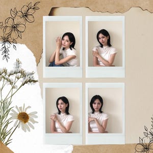 May include: Four polaroid-style photos of a person wearing a white t-shirt. The photos are arranged in a square on a beige background with floral and leaf illustrations. The person has dark hair and is in different poses.