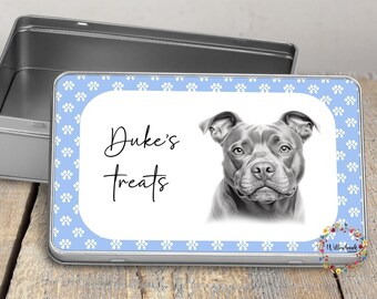 Latta personalizzata per dolcetti per cani Staffy l Staffie l Staffordshire Bull Terrier l Dolcetti per cuccioli l Amante dei cani l Nuovo regalo per cuccioli l Conservazione di biscotti per cani